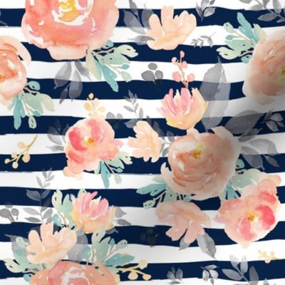 8" Coral Grey and Mint Florals - Navy Stripes