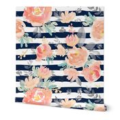 8" Coral Grey and Mint Florals - Navy Stripes