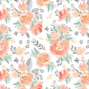 4" Coral Grey and Mint Florals - White