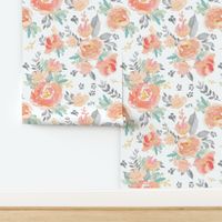 8" Coral Grey and Mint Florals - White