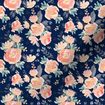 4" Coral Grey and Mint Florals - Navy