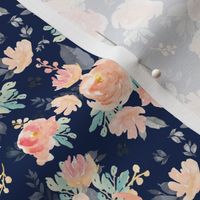 4" Coral Grey and Mint Florals - Navy