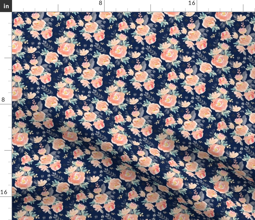 4" Coral Grey and Mint Florals - Navy