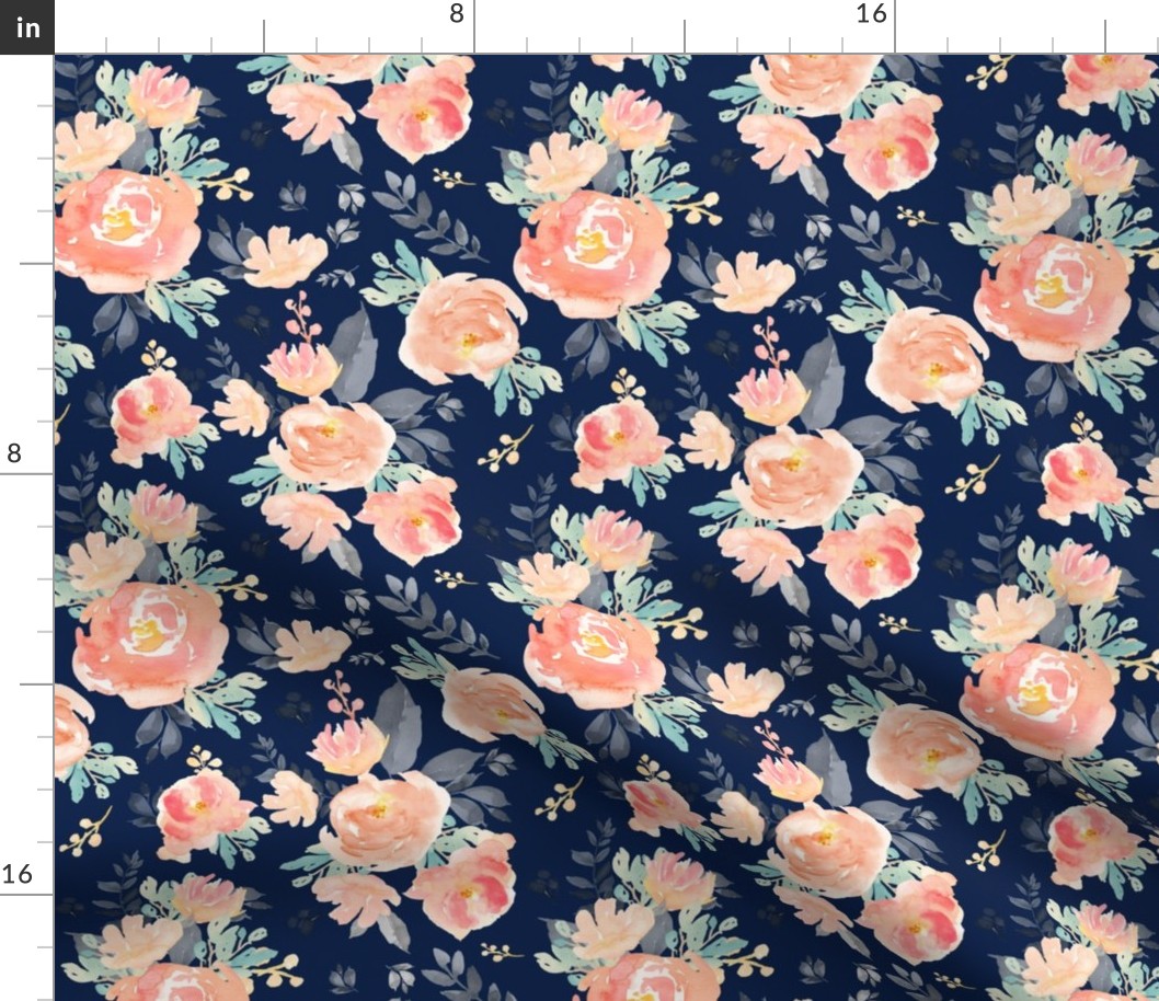 8" Coral Grey and Mint Florals - Navy