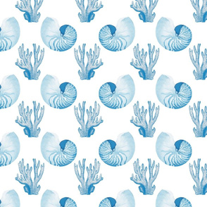 Blue Nautilus Shell & Coral Pattern