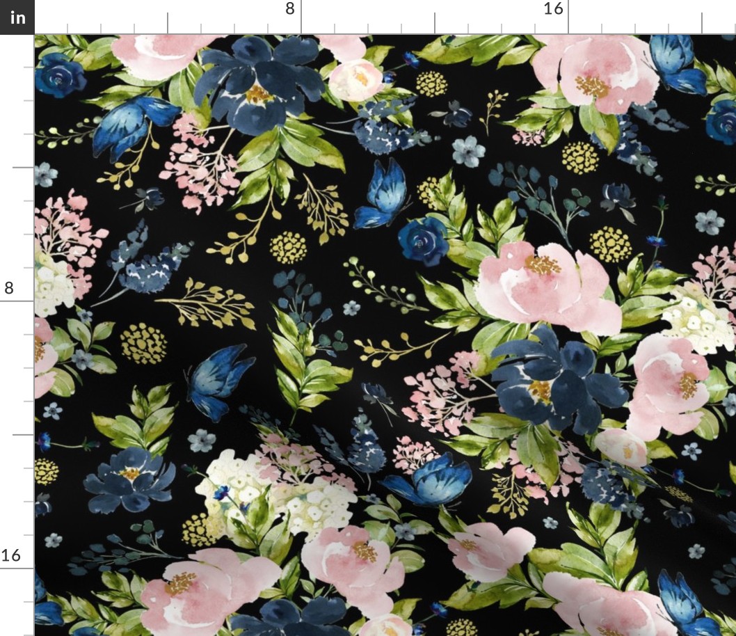 18" Indigo & Pink Floral Bouquet - Full Florals - Black