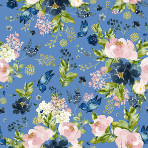 36" Indigo & Pink Floral Bouquet - Full Florals - Bright Blue