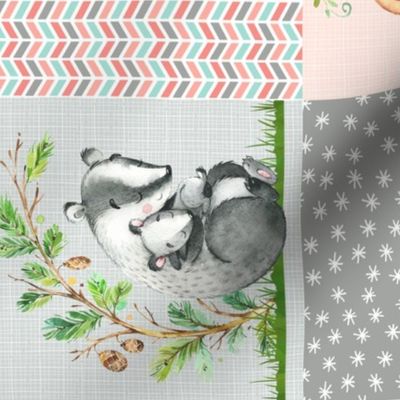 Hugs & Kisses Patchwork Quilt Panel - Baby Girl Animals Cheater Quilt- Coral, Steel Grey, Mint ROTATED