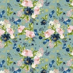 4" Indigo & Pink Floral Bouquet - Full Florals - Muted Green