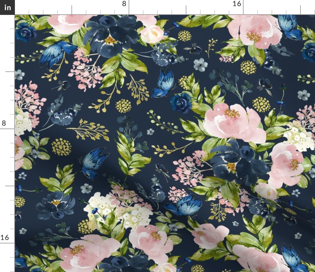 18" Indigo & Pink Floral Bouquet - Full Florals - Indigo Blue