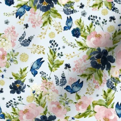 8" Indigo & Pink Floral Bouquet - Full Florals - Light Blue