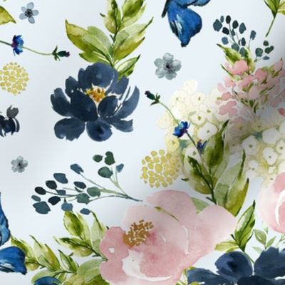 18" Indigo & Pink Floral Bouquet - Full Florals - Light Blue