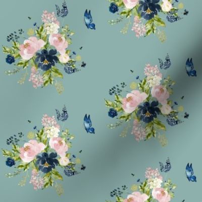 4" Indigo & Pink Floral Bouquet - Muted Green