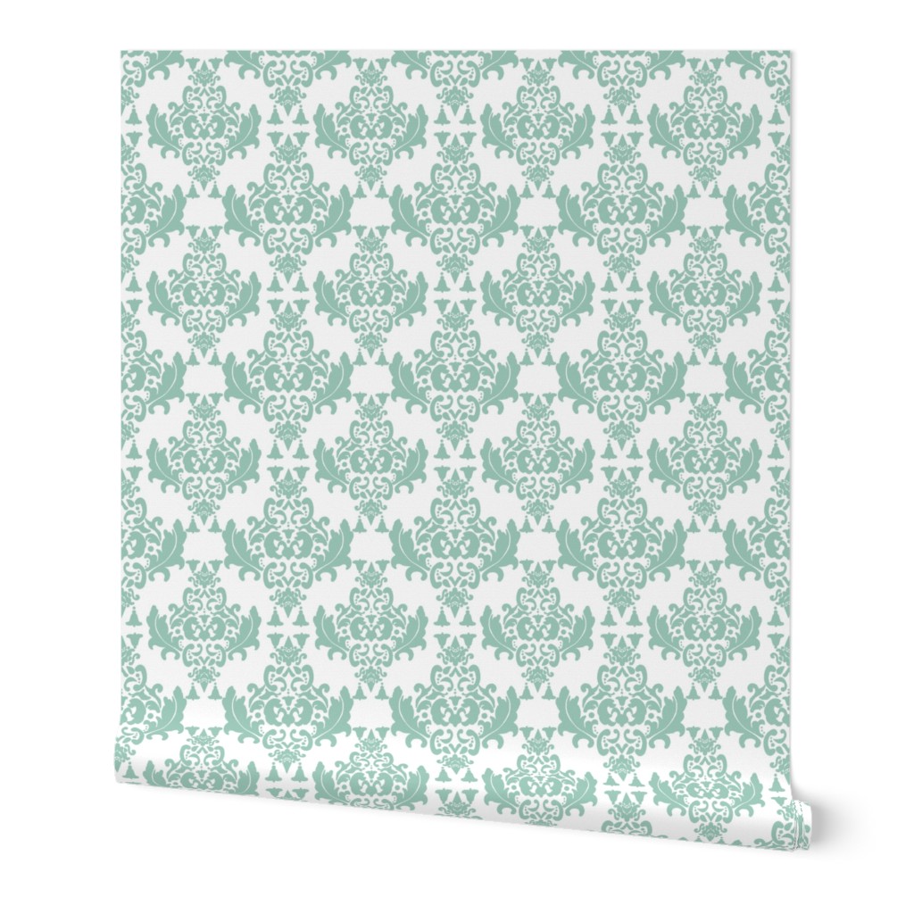 Black and White Damask-Spoonflower Green on White