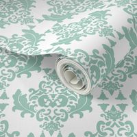 Black and White Damask-Spoonflower Green on White