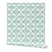 Black and White Damask-Spoonflower Green on White