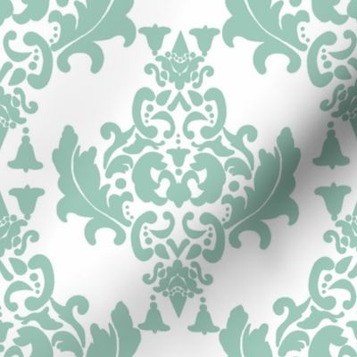 Black and White Damask-Spoonflower Green on White