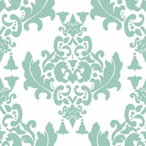 Black and White Damask-Spoonflower Green on White