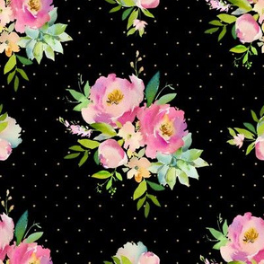 8" Pink and Green Florals - Black with Polka Dots