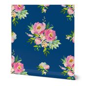 8" Pink and Green Florals - Dark Blue