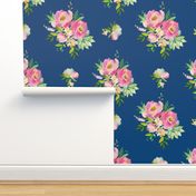 8" Pink and Green Florals - Dark Blue