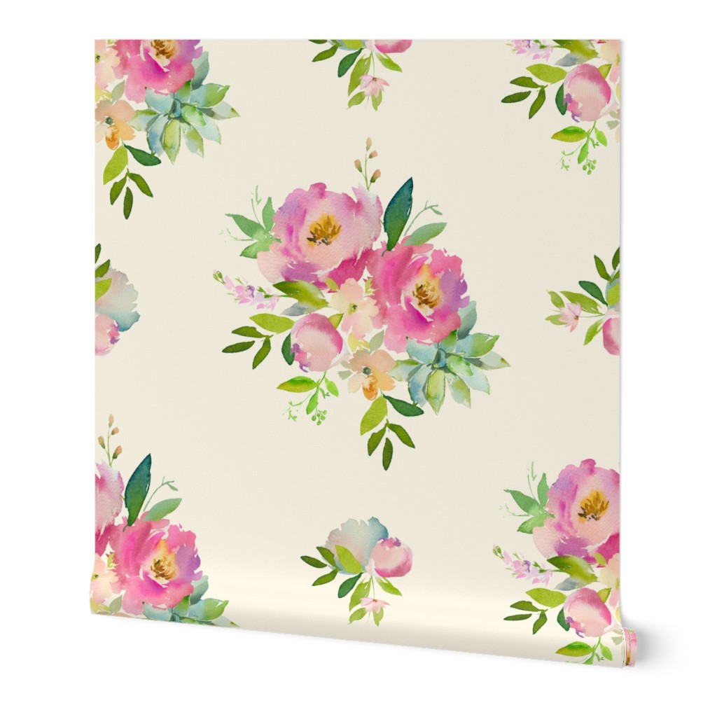 1.5" Pink and Green Florals - Ivory