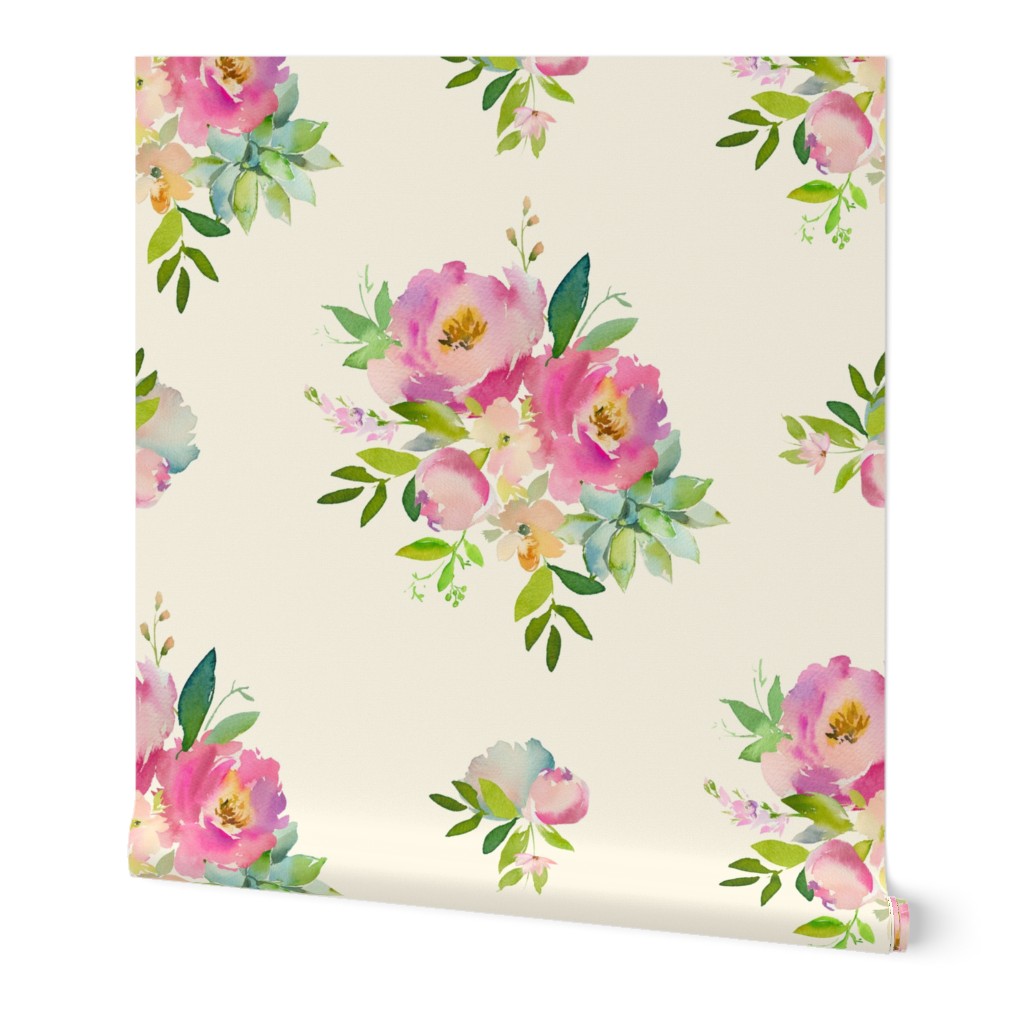 14" Pink and Green Florals - Ivory