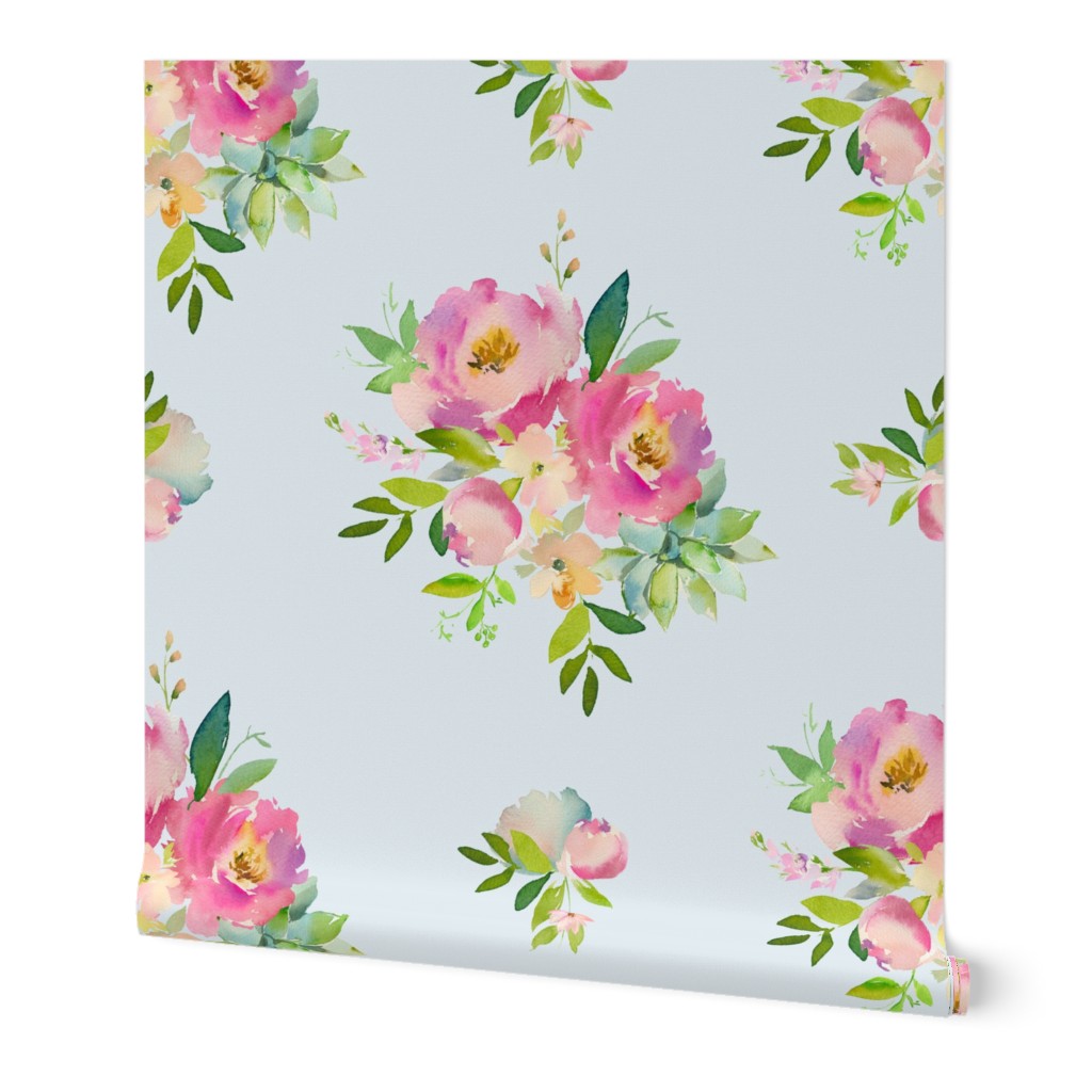 4" Pink and Green Florals - Light Blue