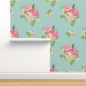 4" Pink and Green Florals - Muted Teal