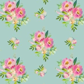 4" Pink and Green Florals - Muted Teal