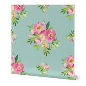 8" Pink and Green Florals - Muted Teal