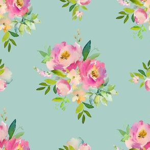 8" Pink and Green Florals - Muted Teal