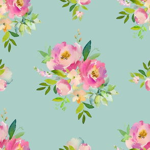14" Pink and Green Florals - Muted Teal