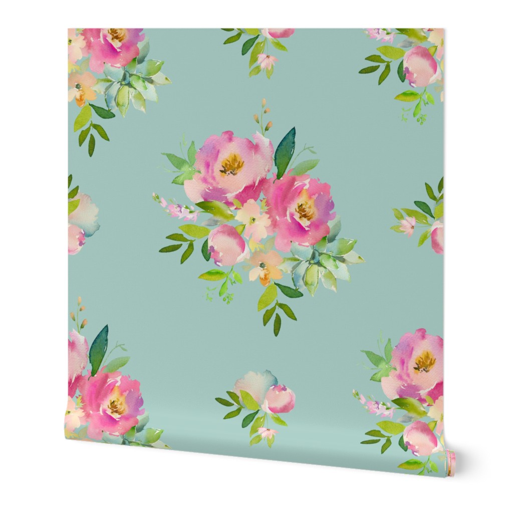 36" Pink and Green Florals - Muted Teal