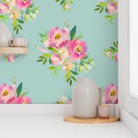 36" Pink and Green Florals - Muted Teal