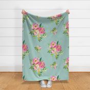 36" Pink and Green Florals - Muted Teal