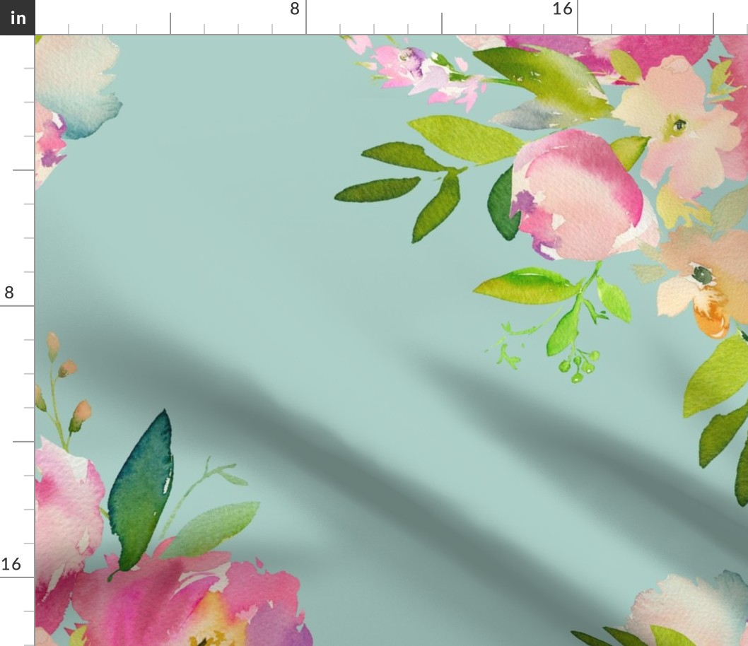 36" Pink and Green Florals - Muted Teal