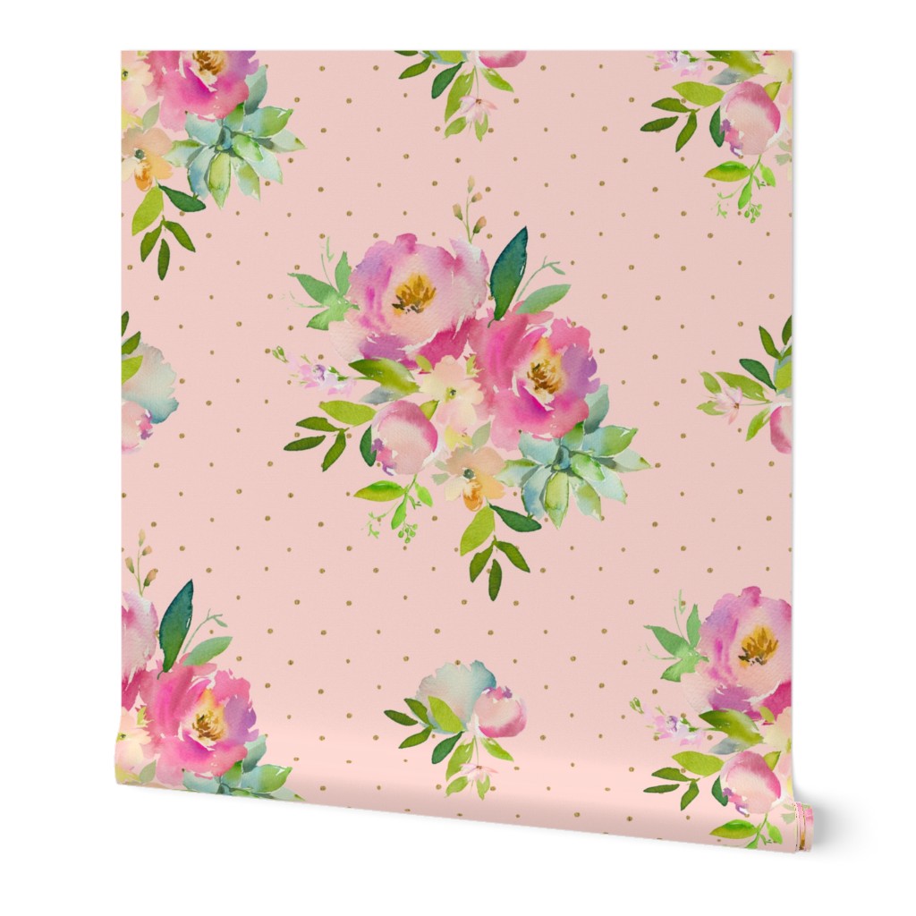 1.5" Pink and Green Florals - Pink with Polka Dots