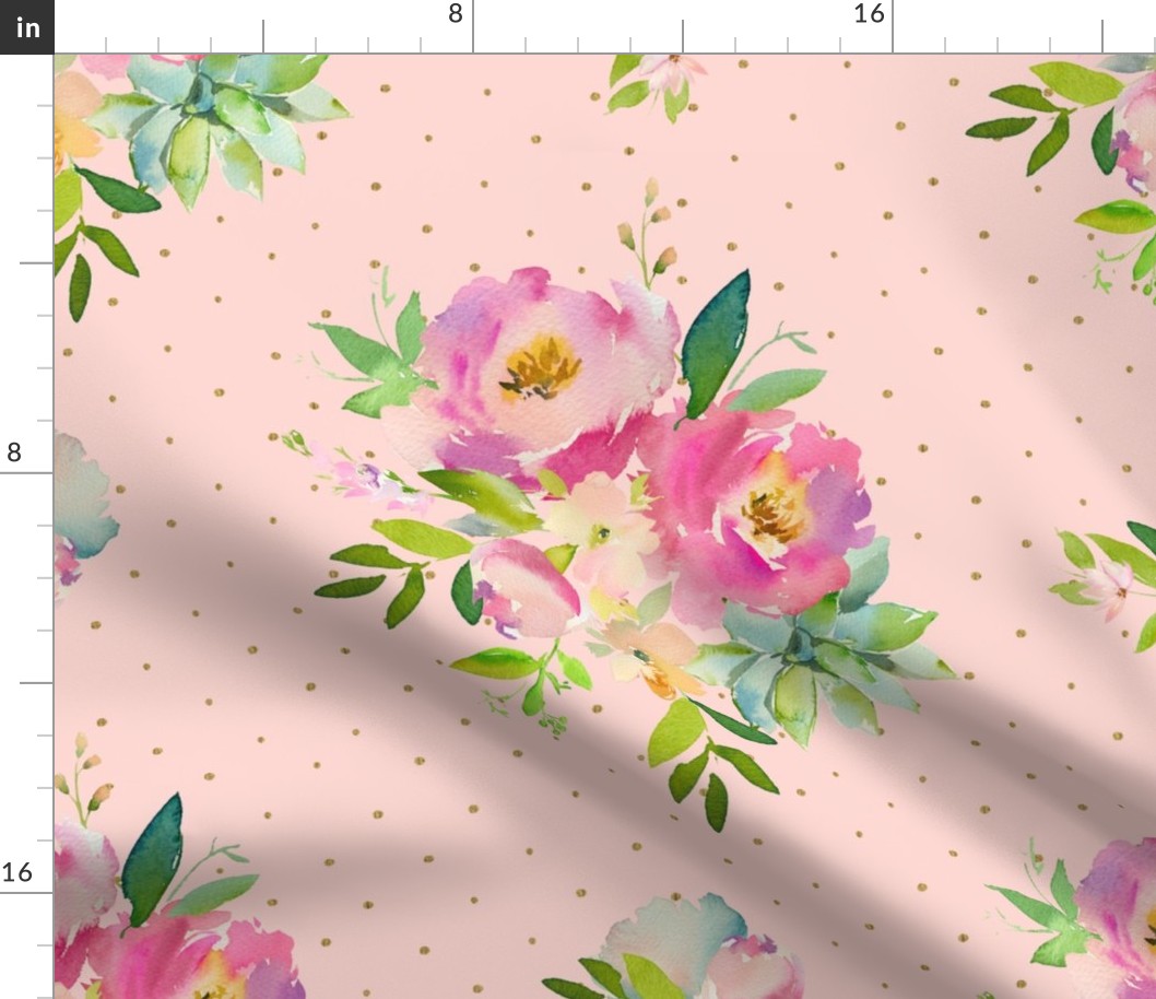 21" Pink and Green Florals - Pink with Polka Dots