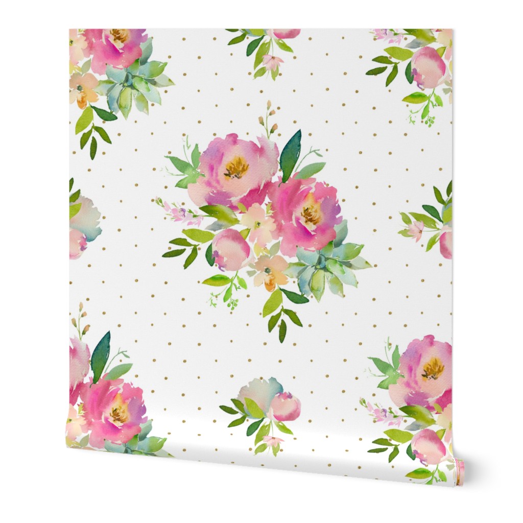 1.5" Pink and Green Florals - White with Polka Dots