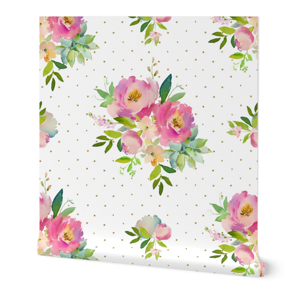 14" Pink and Green Florals - White with Polka Dots