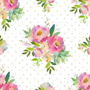 14" Pink and Green Florals - White with Polka Dots