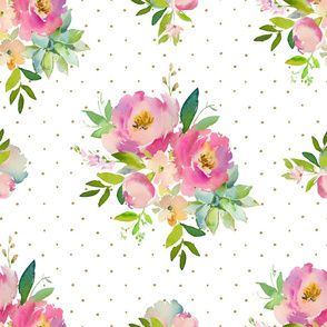 21" Pink and Green Florals - White with Polka Dots