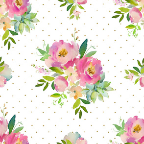36" Pink and Green Florals - White with Polka Dots