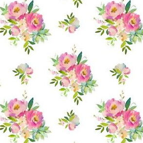 4" Pink and Green Florals - White