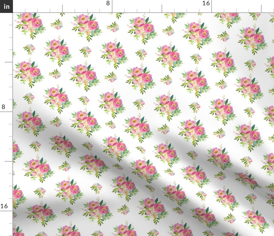 4" Pink and Green Florals - White