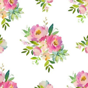 8" Pink and Green Florals - White