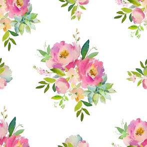 14" Pink and Green Florals - White