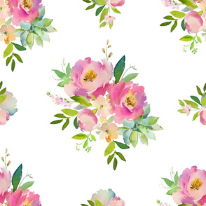 21" Pink and Green Florals - White