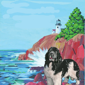 Newf With Lighthouse Left Facing Panel